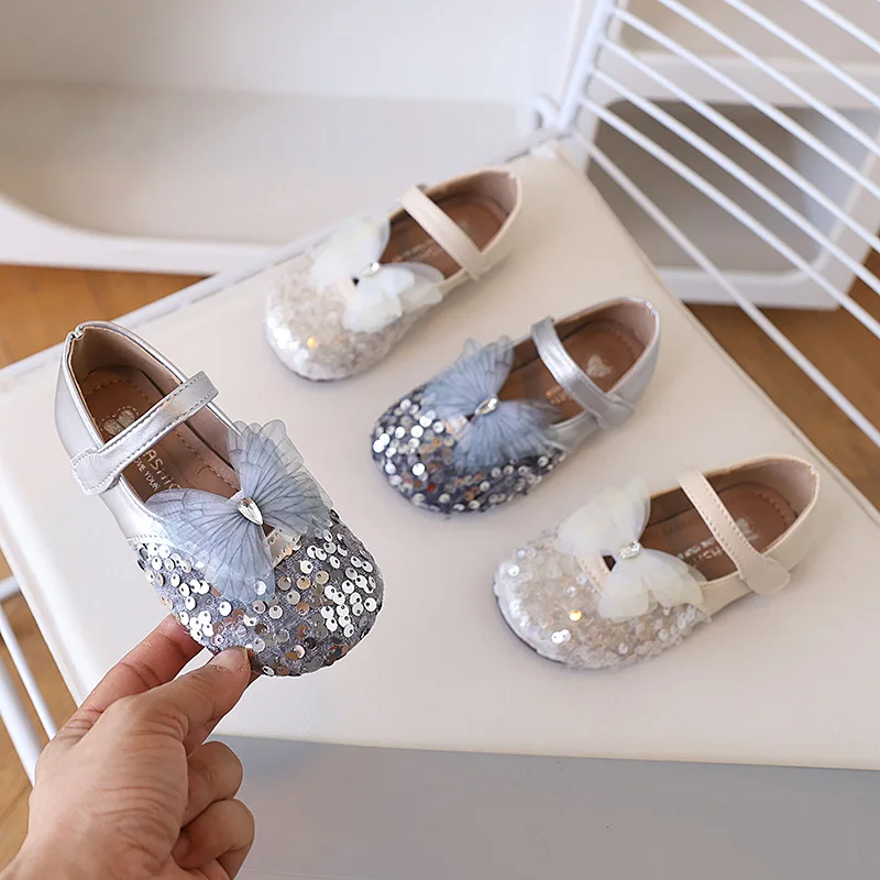 

Girls Sequins Butterfly Princess Shoes Soft Bottom Non-slip Casual Shoes Middle and Big Kids Hundred Crystal Shoes Girls