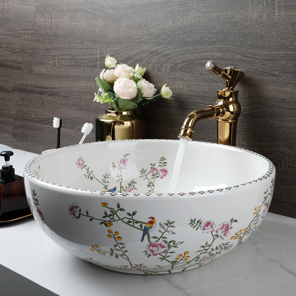 Bathroom Vessel Sink Modern Art Flower Shape Ceramic Sink Bowl Counter Top Bathroom Sink Waterfall Faucet and Pop-up Drain Combo