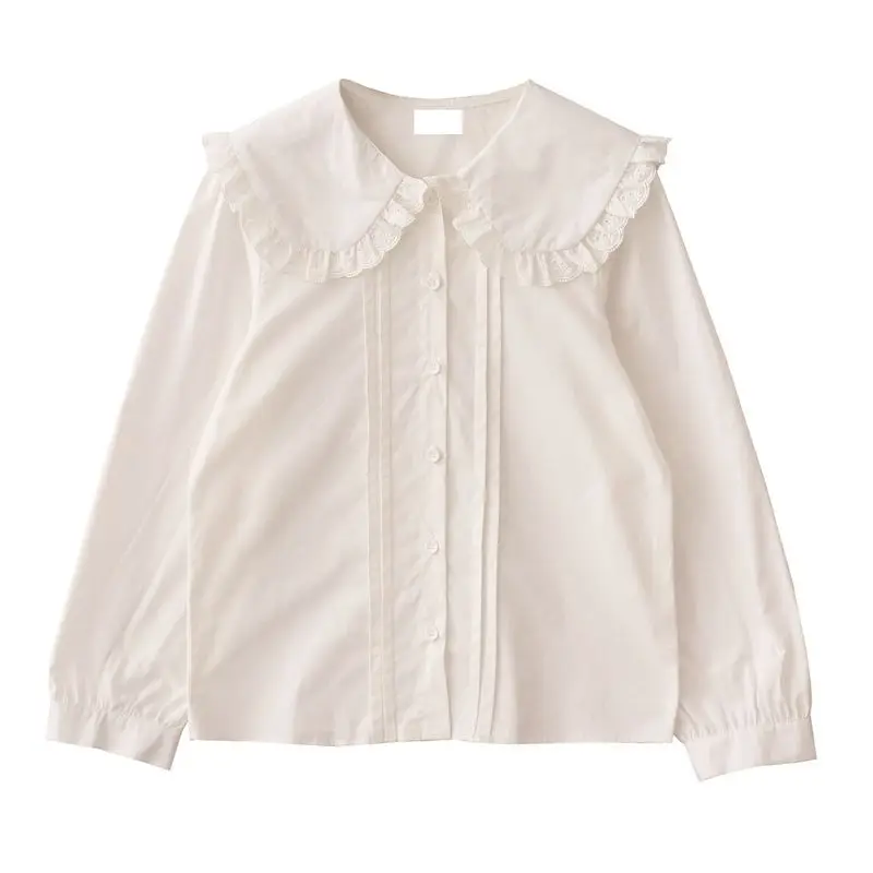 

Spring New Women's Retro Lace Edge Big Collar Pure Cotton White Shirt Doll Collar Bottom Shirt Top