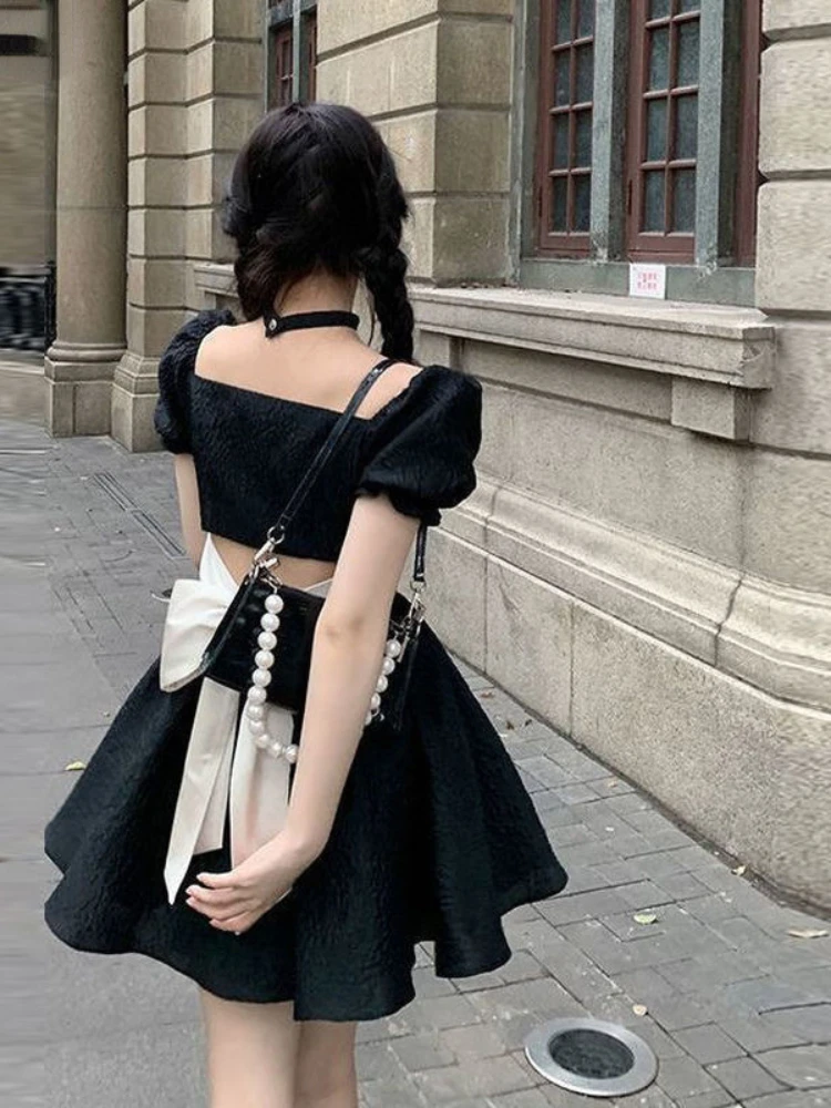 

Mini Dress Women Vintage Summer Vacation Street Style Chic Square Collar Ladies Sundress Slim Ins Party Vestidos Backless Black