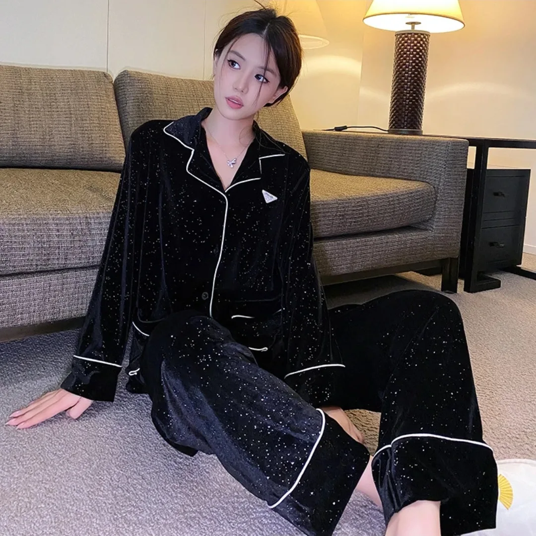 Black Fashion Velvet Sleepwear Women 2Pcs Pajamas Set Loungewear Autumn Winter Velour Pijamas Trouser Suit Loose Casual Homewear