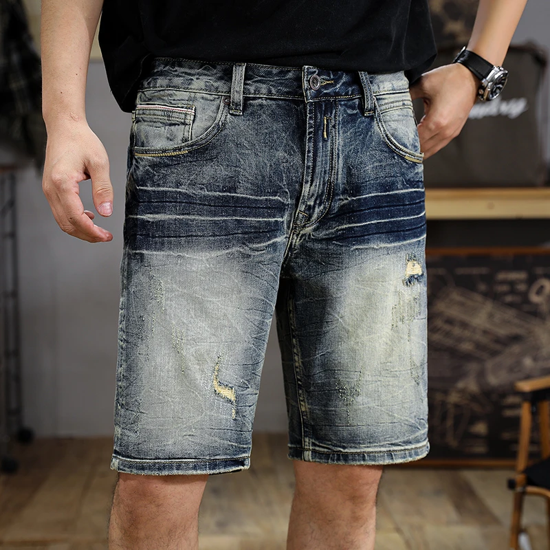 

JXN1031 High-end washed do old holes denim shorts men summer new Slim straight trousers ins tide five points