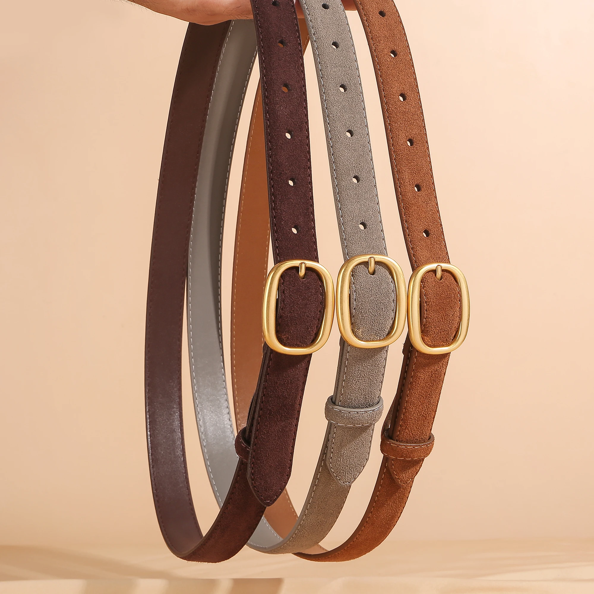Vintage Suede Leather Belt for Women - Fashion Gold Circle Buckle Waist Belts for Jeans