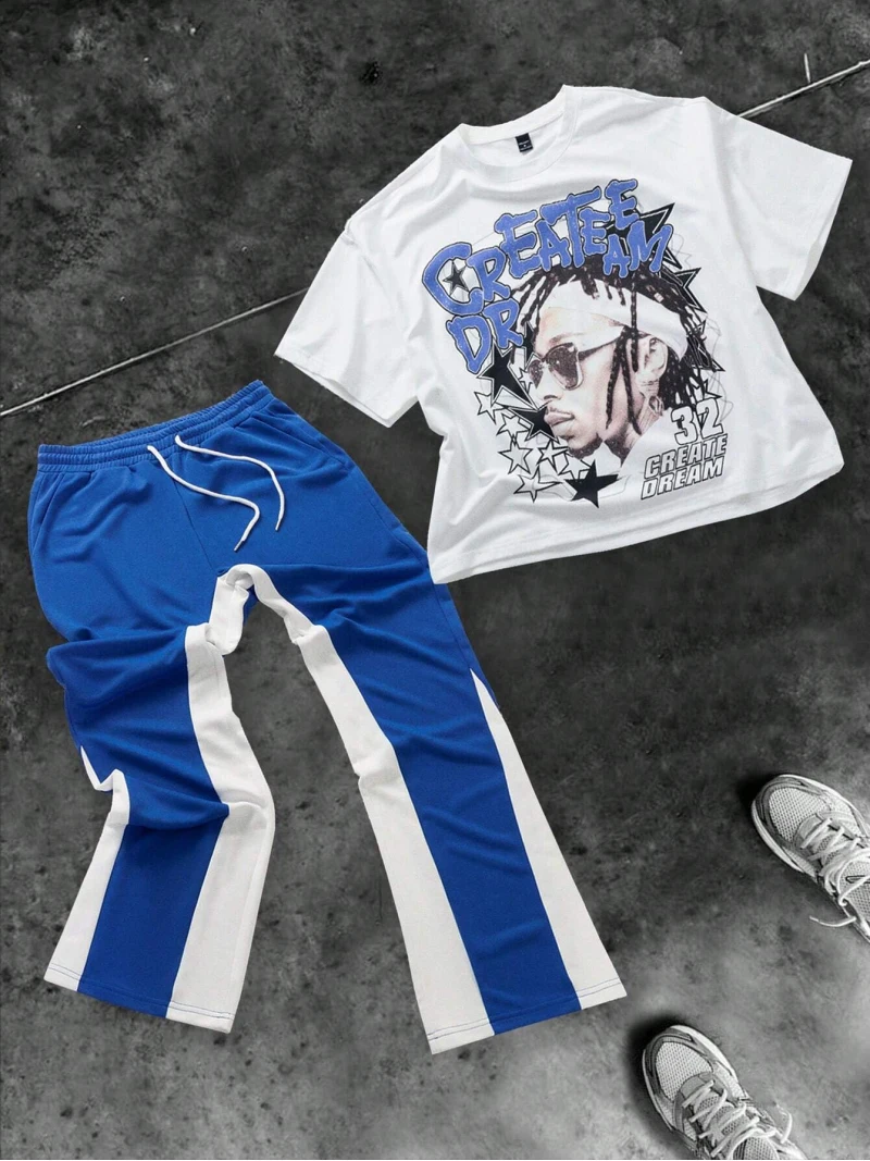 Moda de los hombres Casual pantalones con cordón y cuello redondo Camiseta de manga corta conector de traje de tendencia Hip-hop conjunto de dos piezas para hombre