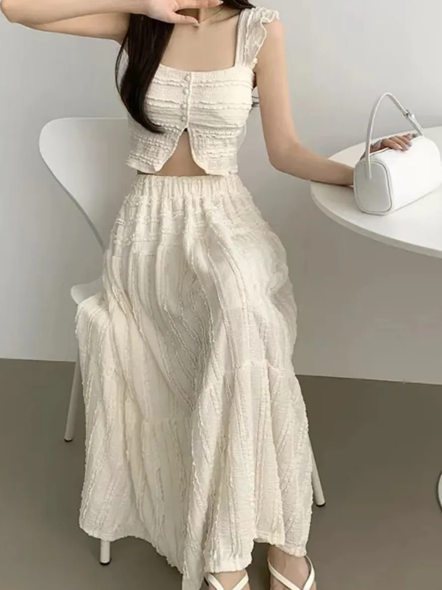 

Korean Sle ort Lace Crop Top And High Waist Midi Skirt Two Piece Set Ele And Sweet Women's Faion Ensemble