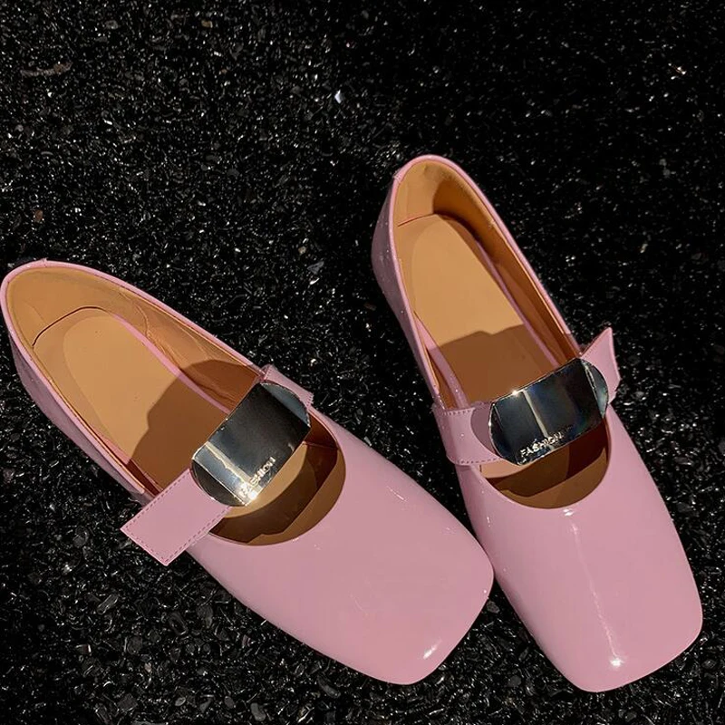 Women Genuine Leather Sqarue Head Shallow Mouth Metal Plate Decor Single Shoes Pink Black Beige Flats Mary Janes Shoes All Match