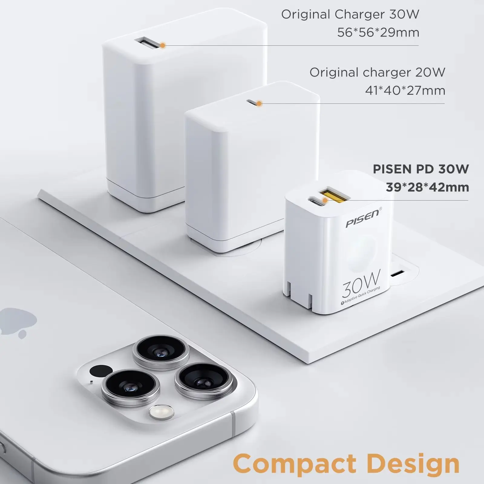 شاحن PISEN 30WPD QC 3.0 ثنائي المنفذ مع كابل 4 أقدام من النوع C إلى L قابل للطي لهاتف iPhone 14، 13، 12، 11 Pro Max XR XS X، IPad،