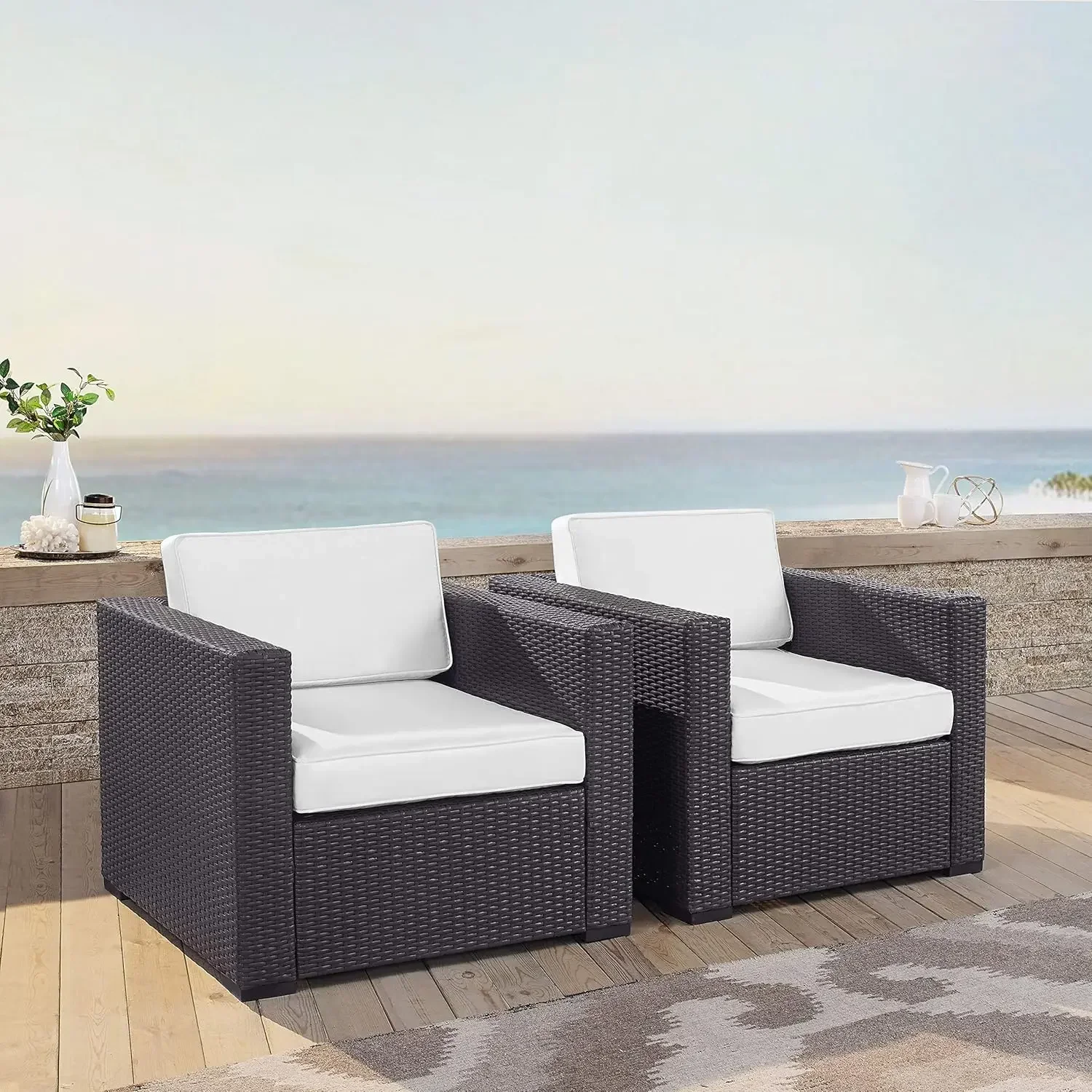 

KO70103BR-WH Biscayne 2 Piece Outdoor Wicker Conversation Set with White Cushions, Brown