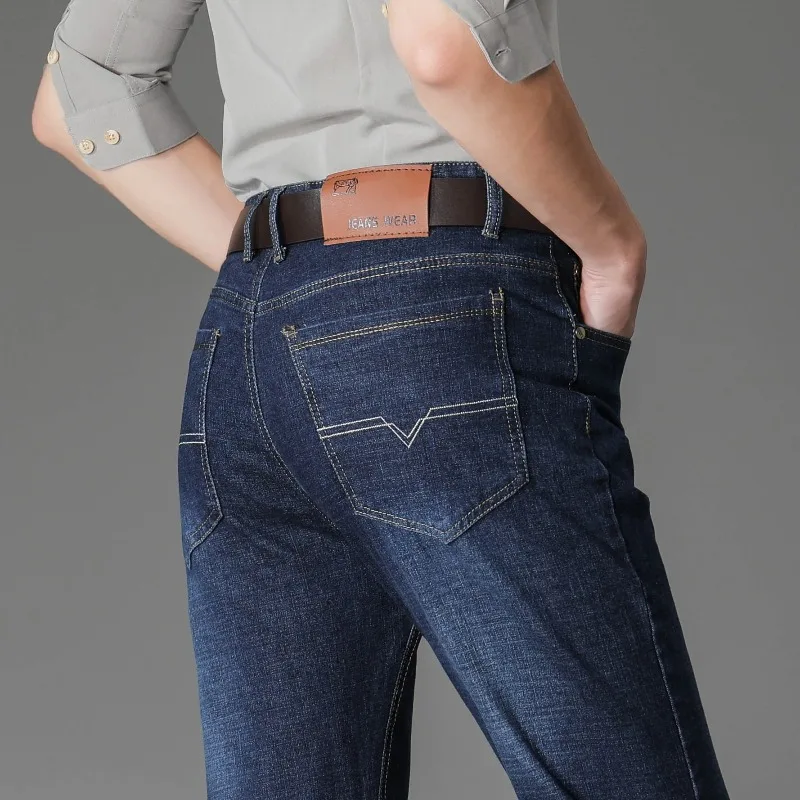 Men's Autumn Winter High Waisted Solid Bright Line Decoration Pockets Button Zipper Loose Denim Trousers Casual Formal Pants