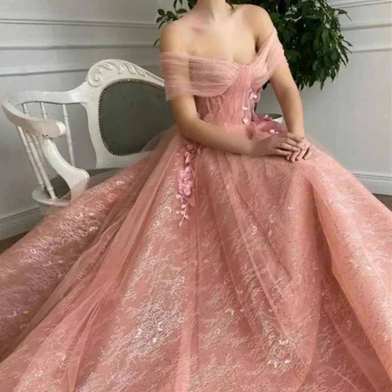 

Charming Coral Pink Formal Evening Dresses 2024 Off Shoulder Floral Lace A Line Long Prom Special Occasion Dress Birthday Party