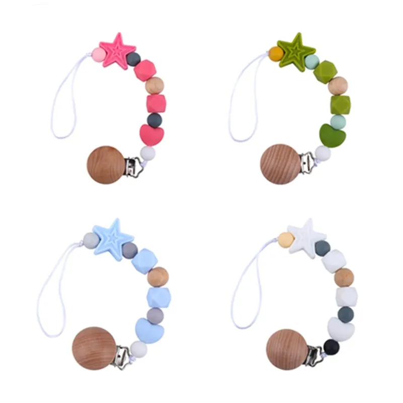 

Baby Pacifier Clip Silicone Beads Wooden Teething Chain Infant Nipple Clamp Dummy Holder Soother Newborns Chew Pendant Accessory