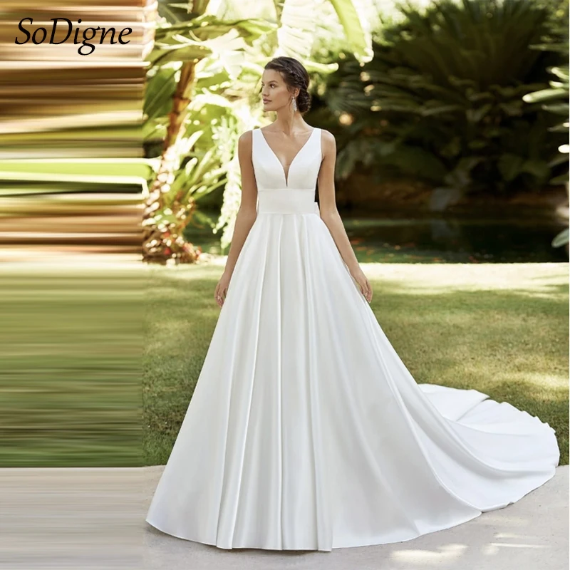 

SoDigne Elegant Satin Wedding Dresses A-line V-neck Sleeveless Bridal Dress Simple Long Bride Gown with Bow vestidos de novia ﻿