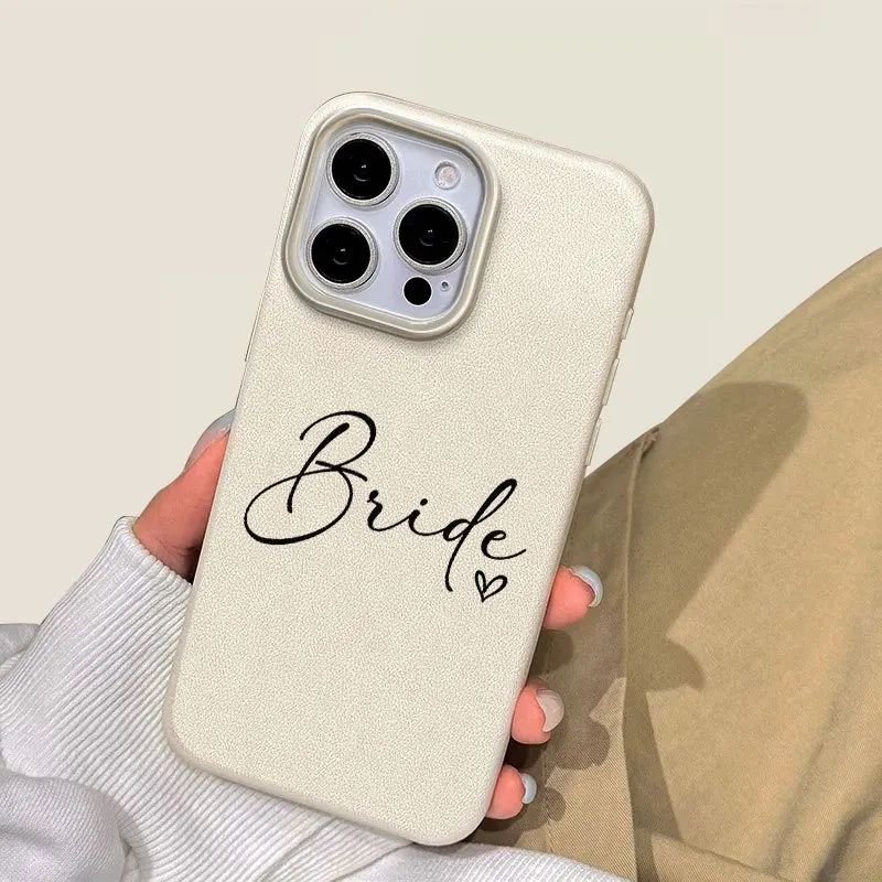 Bride Script Heart Cream Faux Leather Phone Case for iPhone17promax /16/15/14/13/12ProMax/11/11Pro Anti-drop protection view 4
