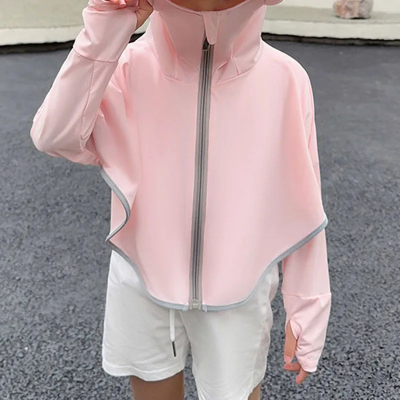 Summer New Girls Fashion Sweet Loose Comfortable Long Sleeve Solid Color Hooded Zipper Ice Silk Sunscreen Clothing Coats Tops