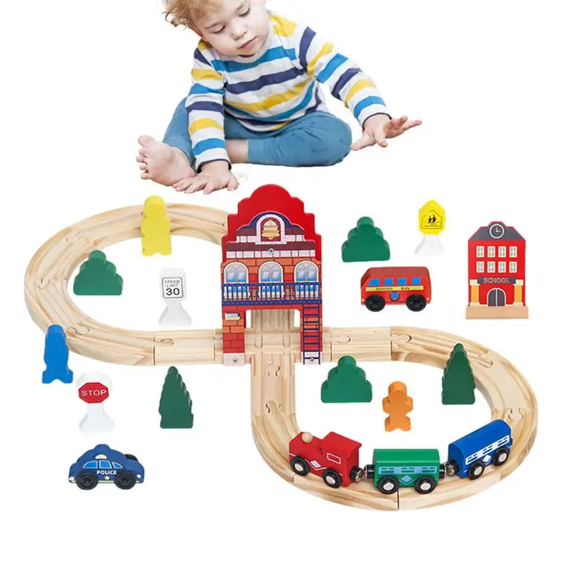 

Wooden Railway Train Set Wooden Track Set With 5 Locomotive Train Railway Toy For Kids Expandable Train Toys Railway Kits Wood