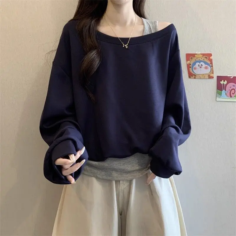 Fake Two Pieces Irregular Contrast Trend Tops Spring Autumn Loose All-match Street Casual T Shirts Fashion Lazy Women Clothing