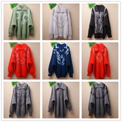 Top Quality Ladies Women Vintage Embroidery Beading Hairy Angora Rabbit Hair Turn-Down Neck Loose Pullover Fall Winter Sweater