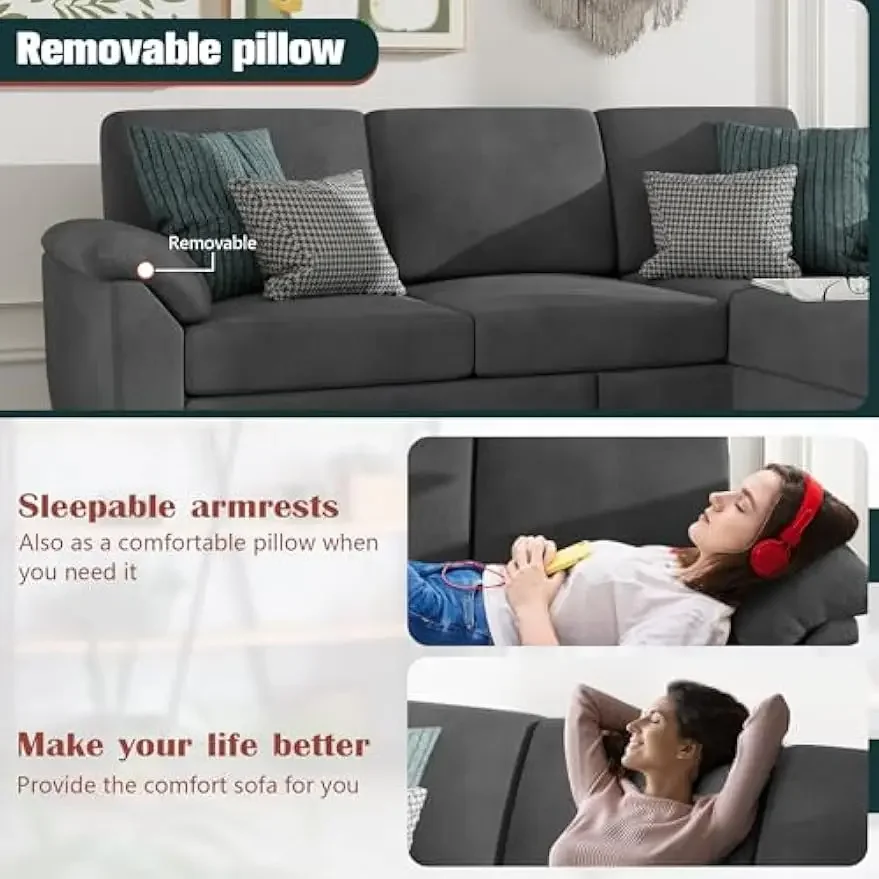 Sofá seccional convertible de 79", sofá en forma de L de 3 asientos con almohadas extraíbles, sofá pequeño de tela de lino de mediados de siglo