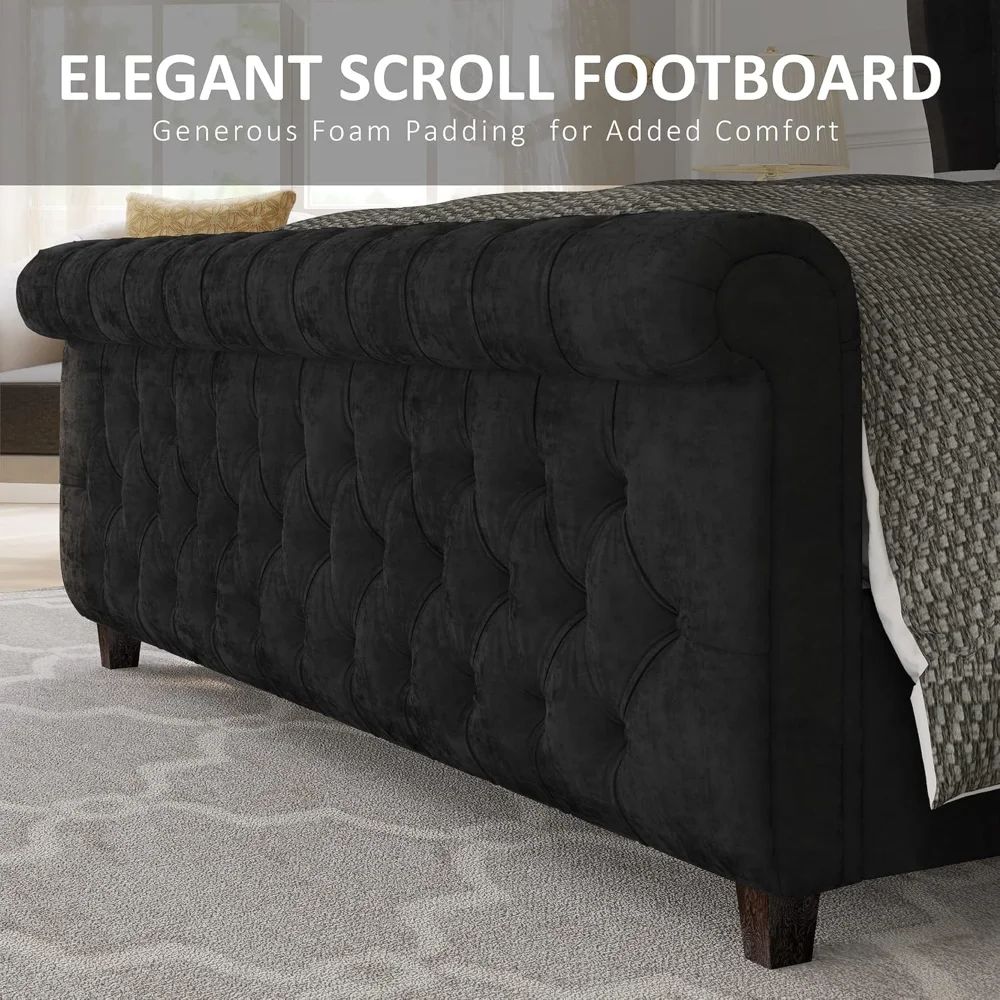 King Size Bed Frame, Velvet Upholstered Sleigh Bed w/Scroll Wingback Headboard & Footboard/Button Tufted/No Box Spring Required image 5