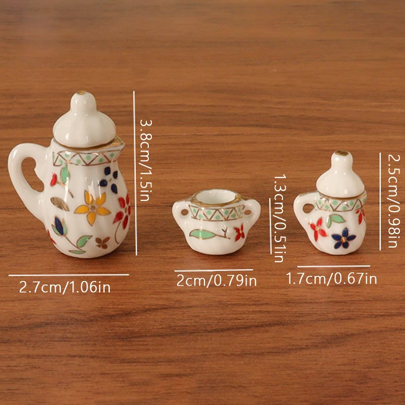 3 Stuks 1:12 Poppenhuis Miniatuur Keramische Pot Ketel Theepot Set Mini Simulatie Thee Cup Servies Porselein Model Keuken Decor Speelgoed