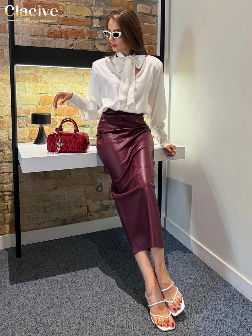 Clacive Fashion Slim Wine Red Pu Leather Skirts For Women Bodycon High Waist Midi Skirt Elegant Classic Skirt Female Clothing