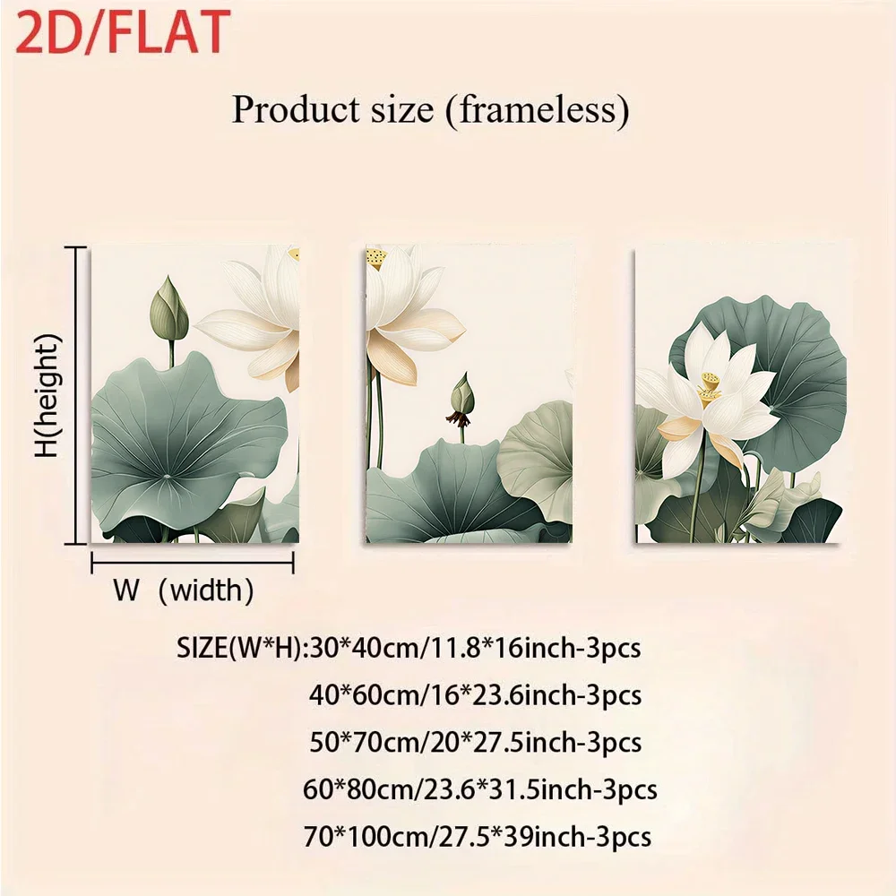Multiple sizes 3pcs frameless Canvas PaintingOne set of Neo-Chinese Zen-inspired Lotus Triptych Frameless Painting, Simple Ink P