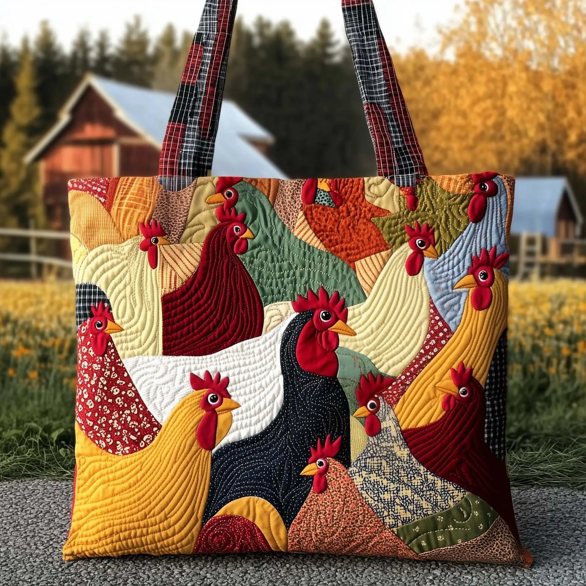 Vintage Farm Rooster Print Quilted Tote Bag Retro Country Style Casual Shoulder Handbag Reusable Grocery Shopping Bag