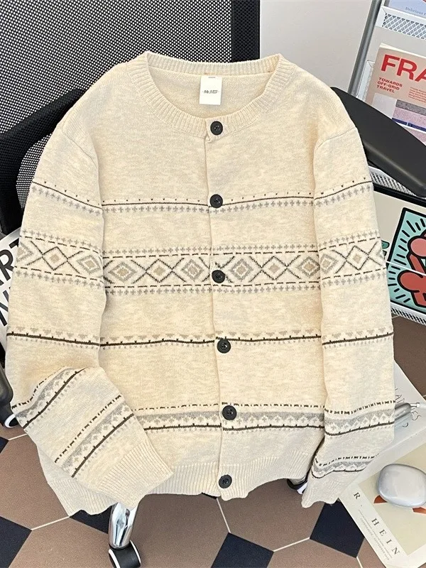 

Retro Fair Isle Knit Sweater round Ne Open Cardigan Loose Casual Couple's Long Sve Warm Outerwear for Men And Women