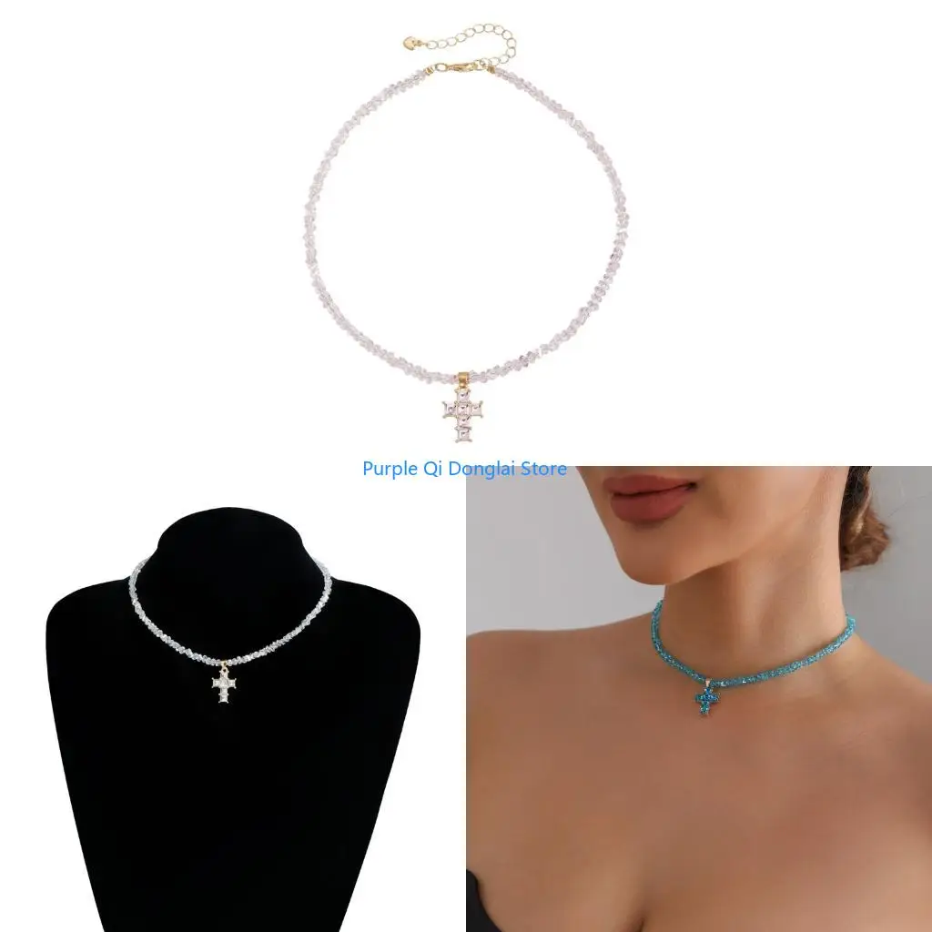 L21E Elegant Triangular Crucifix Necklace Crystal Embedded Alloy Jewelry Comfortable Neck Chain For Women Girls Lady