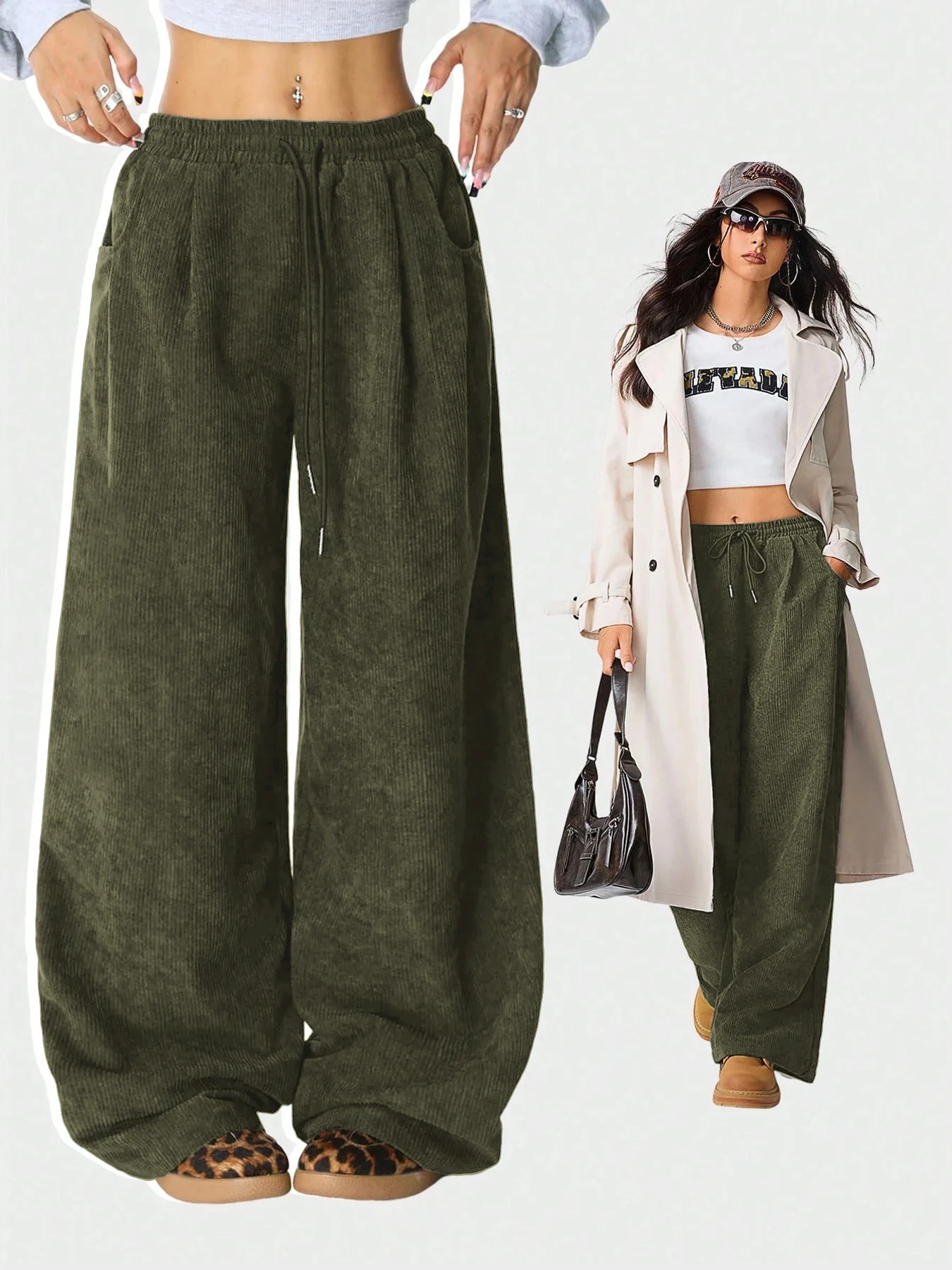 Damen Retro Cord Cargo-Hose Lässige Kordelzug Gerade Sporthose Fließende Alltags-Pendlerhose mit Weitem Bein – Detail 19