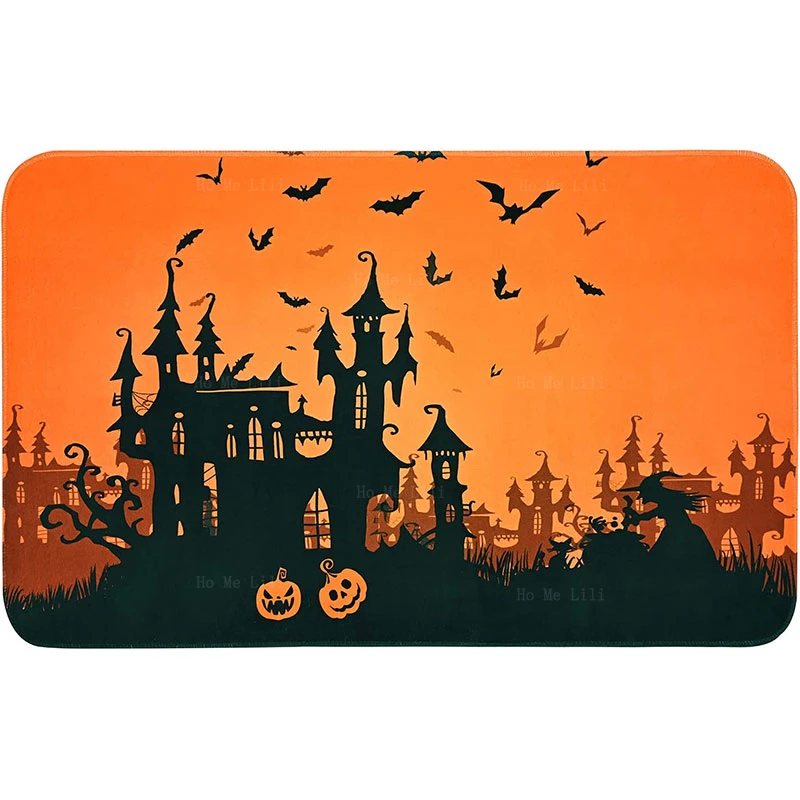 Black Castle Full Moon Pumpkin Bat Silhouette Happy Halloween Orange Non Slip Area Carpet Indoor Outdoor Home Decor Rug