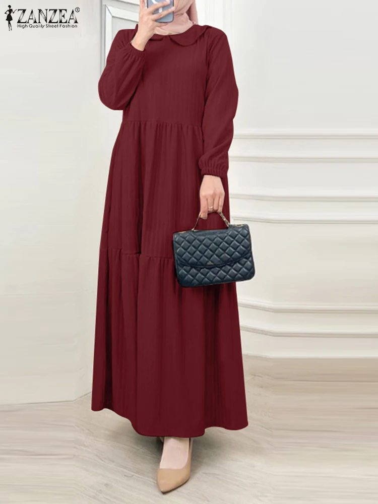 ZANZEA Elegant Muslim Long Dress Fashion Abaya Women Spring Long Sleeve Lapel Neck Maxi Sundress Kaftan Hijab Vestido Robe Femme