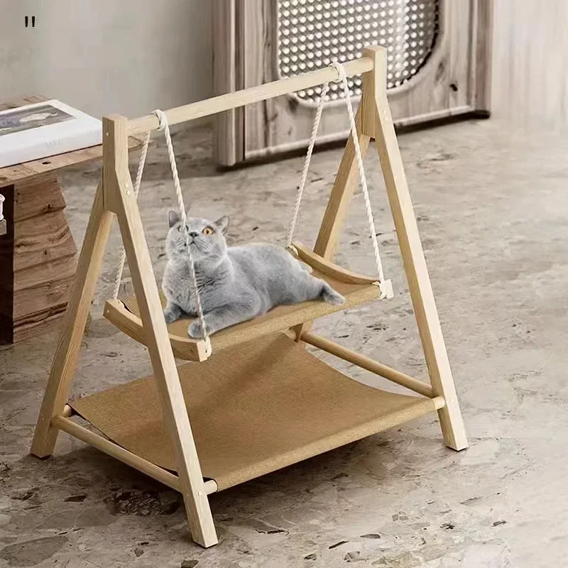 Dual-Layer Solid Wood Pet Hammock Summer Breeze Cat Swing Thickened Wood Cat Nest Comfortably Stable Cat Bed