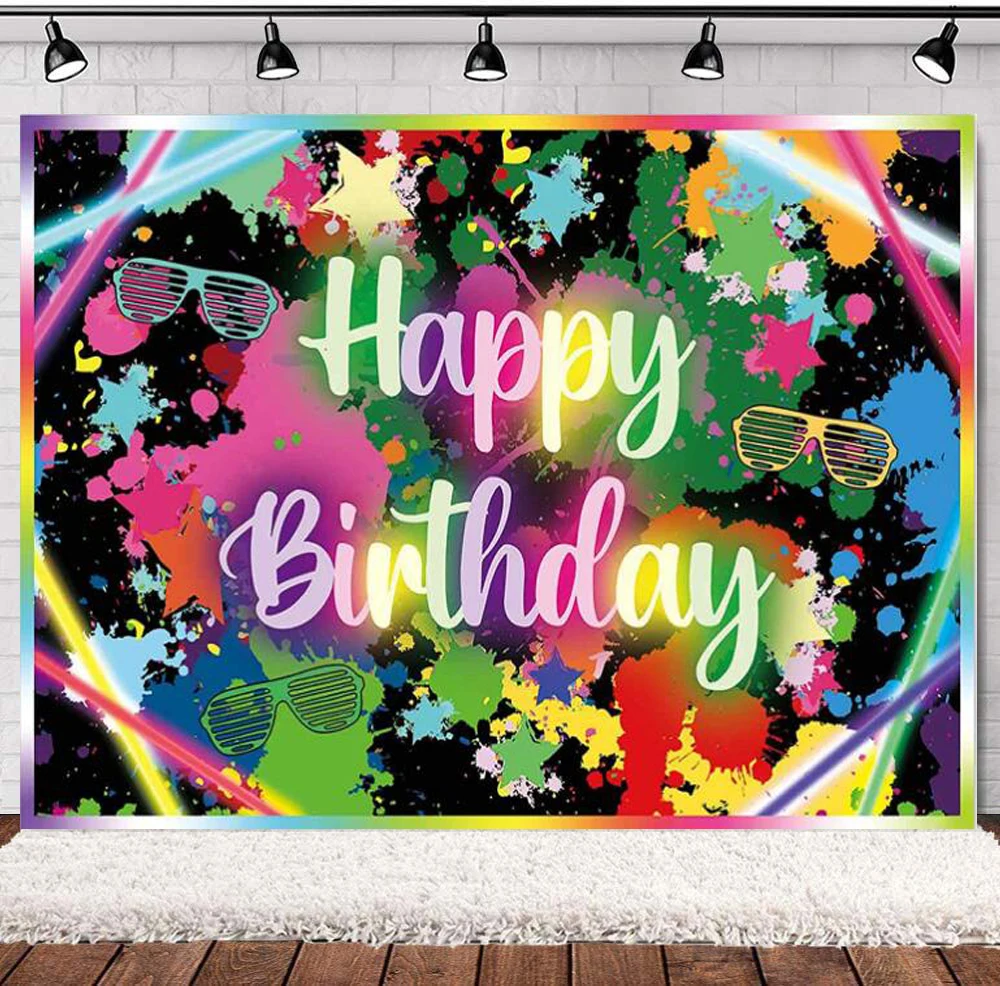 

Glow In The Dark Birthday Photography Backdrop Neon Let's Glow Dance Party Colorful Graffiti Splash Painting Disco Background