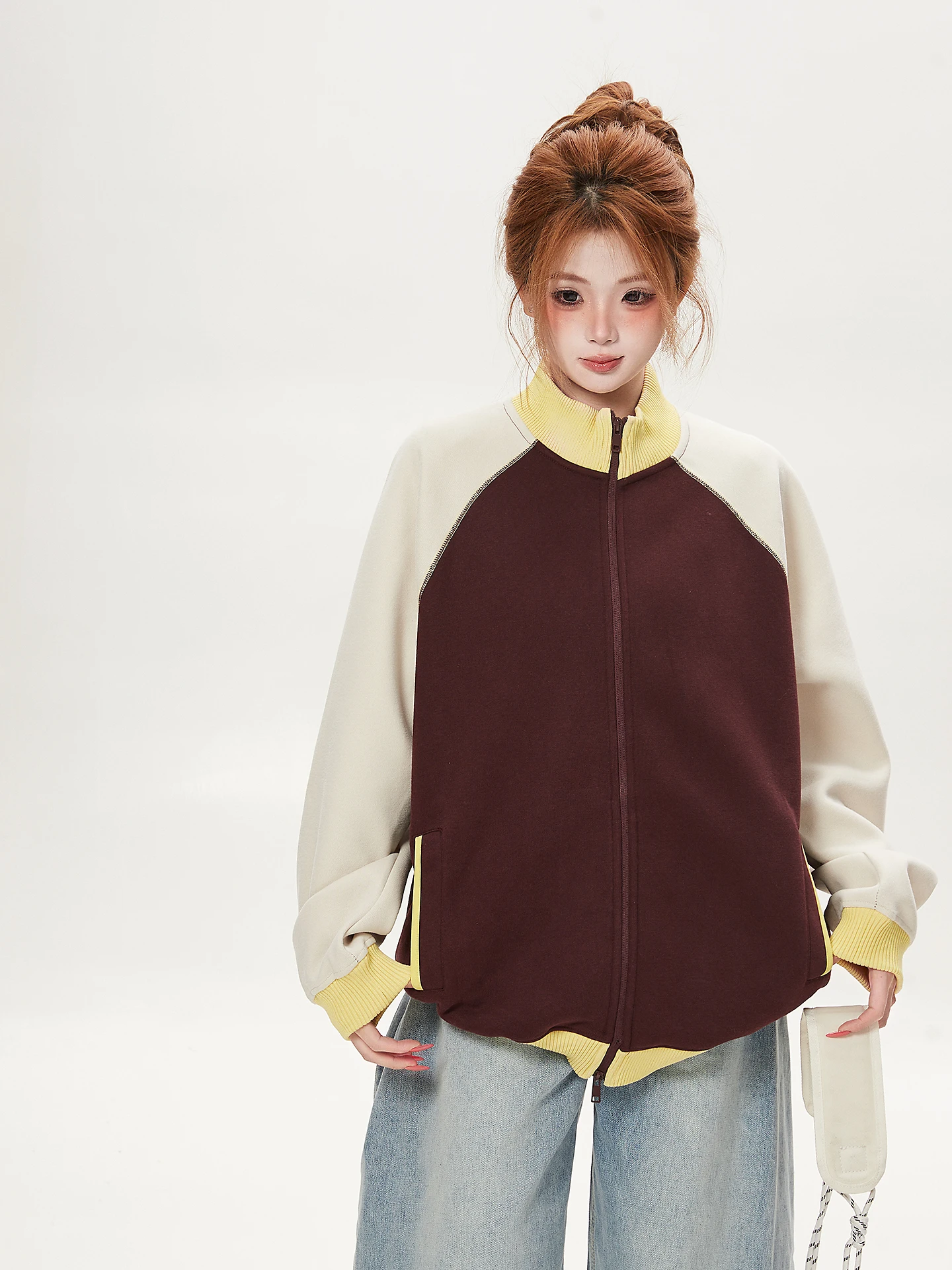 Ant Casual Sporty Color Block Stand Collar Sweatshirt Cardigan Women's Loose Sportswear Autumn High-End Feelings Outerwear