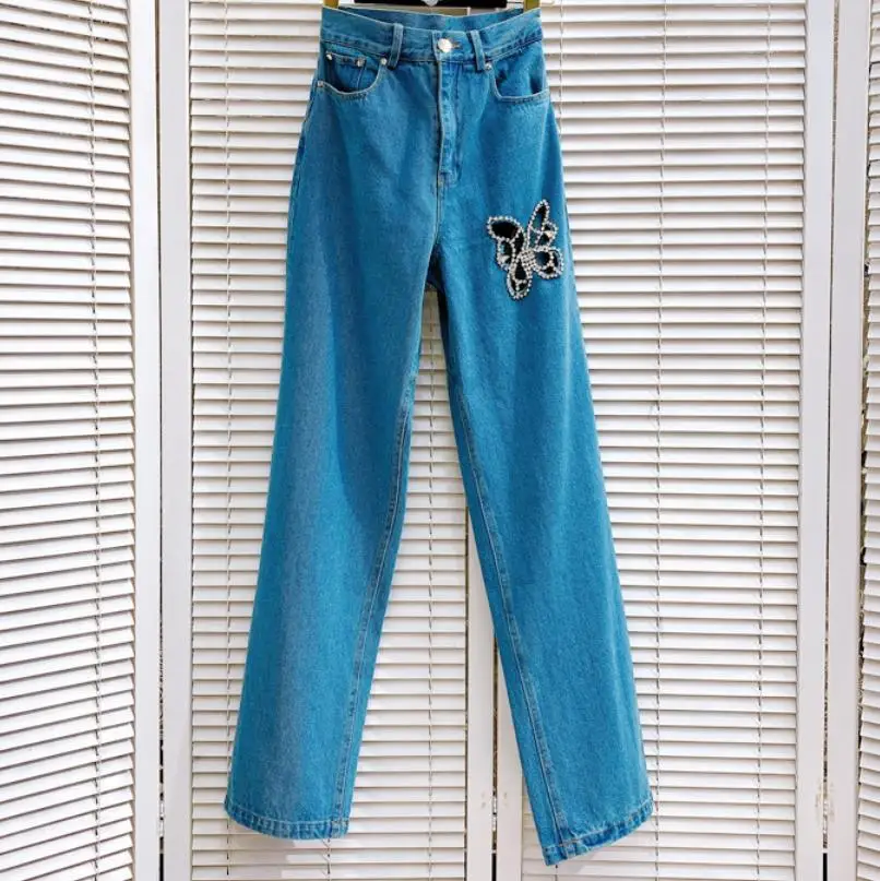 Sweet Sexy Hollowed out Luxury Rhinestone Diamonds Light Blue Jeans for Women High Waist Straight Pants Female Trousers Y4065