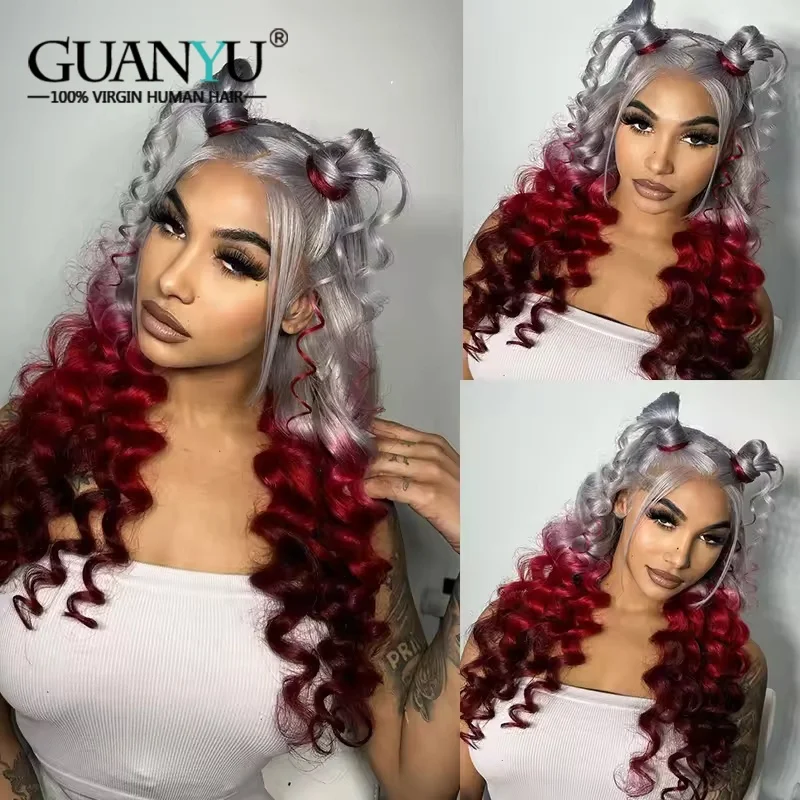 

Ombre Red Human Hair 13x6 HD Lace Front Wig Curly Ombre Grey-Red 13x4 Transparent Lace Frontal Or 4x4 Closure Wigs For Women