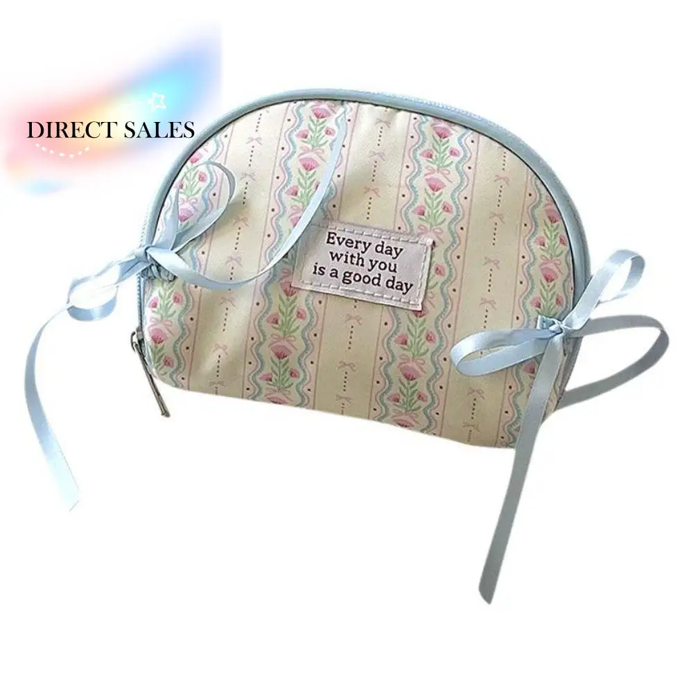 

Toiletry Organizer Mini Floral Print Makeup Bag Portable Canvas Bow Cosmetic Bag Cloth Large Capacity Skincare Storage Bag Girls