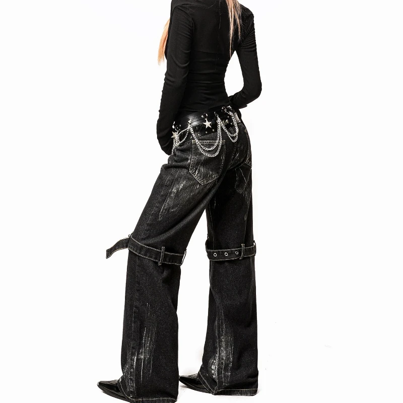 American Retro Design Women's Jeans 2025 Autumn New Subculture Punk Style Sweet Cool Hot Girl Wide-Leg Floor-Length Pants Ladies