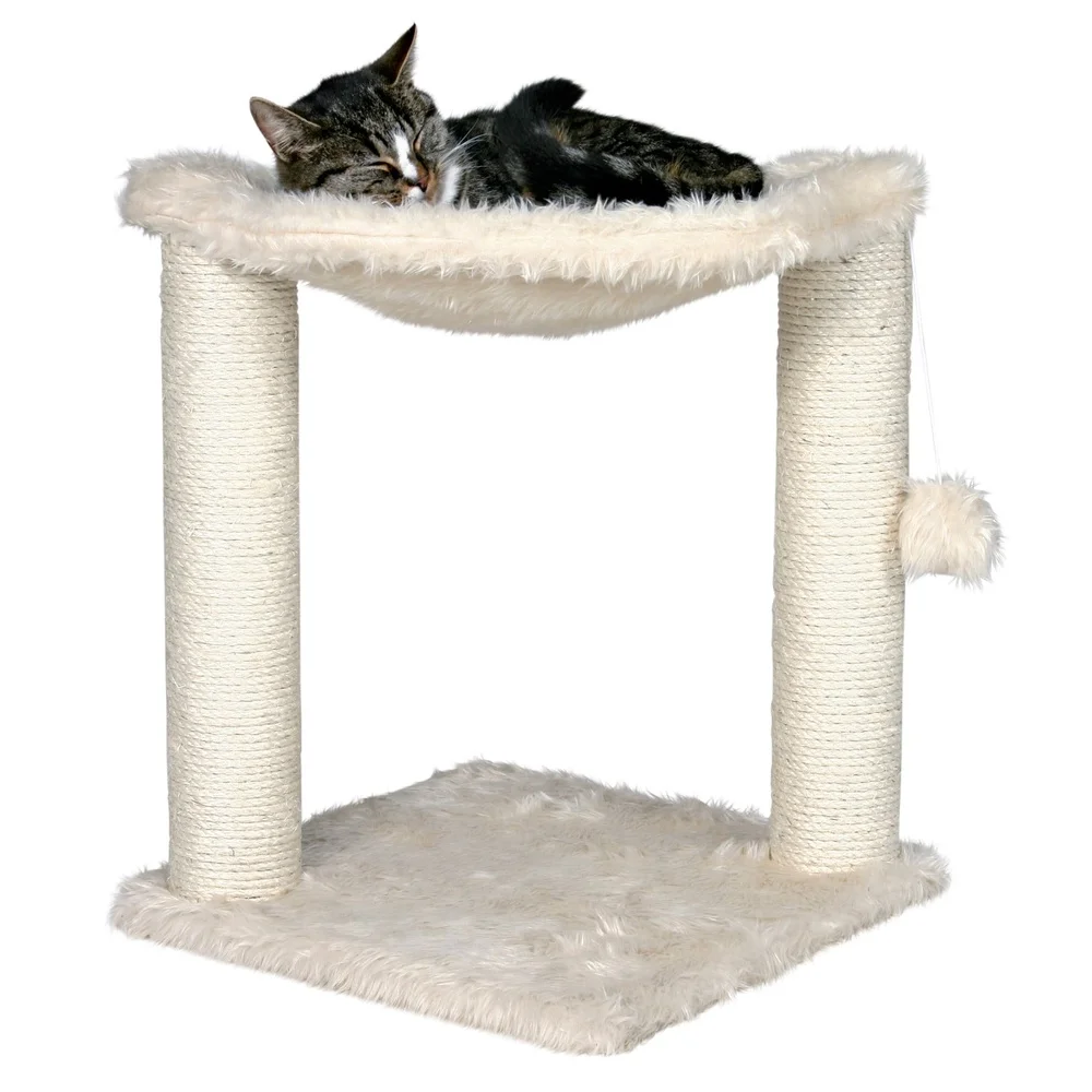 Dual Post Cat Scratching Tree with Hammock and Pom Pom Toy Plush Jute Scratchers Kittens and Adult Cats Pet Relaxation Play