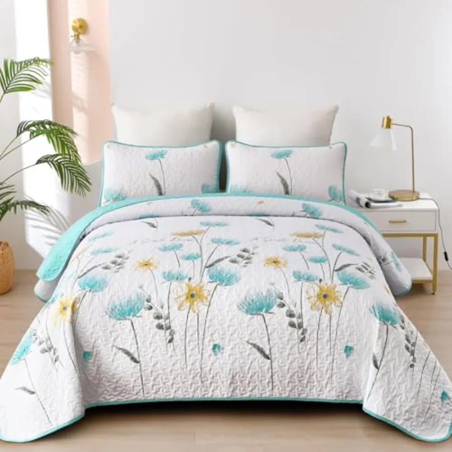 

Floral Quilt Set Bedspread Size 3 Pieces Lightweight Farmhouse Bedding Set Summer Fall Quilts Soft Flower Bedspreads White Cove