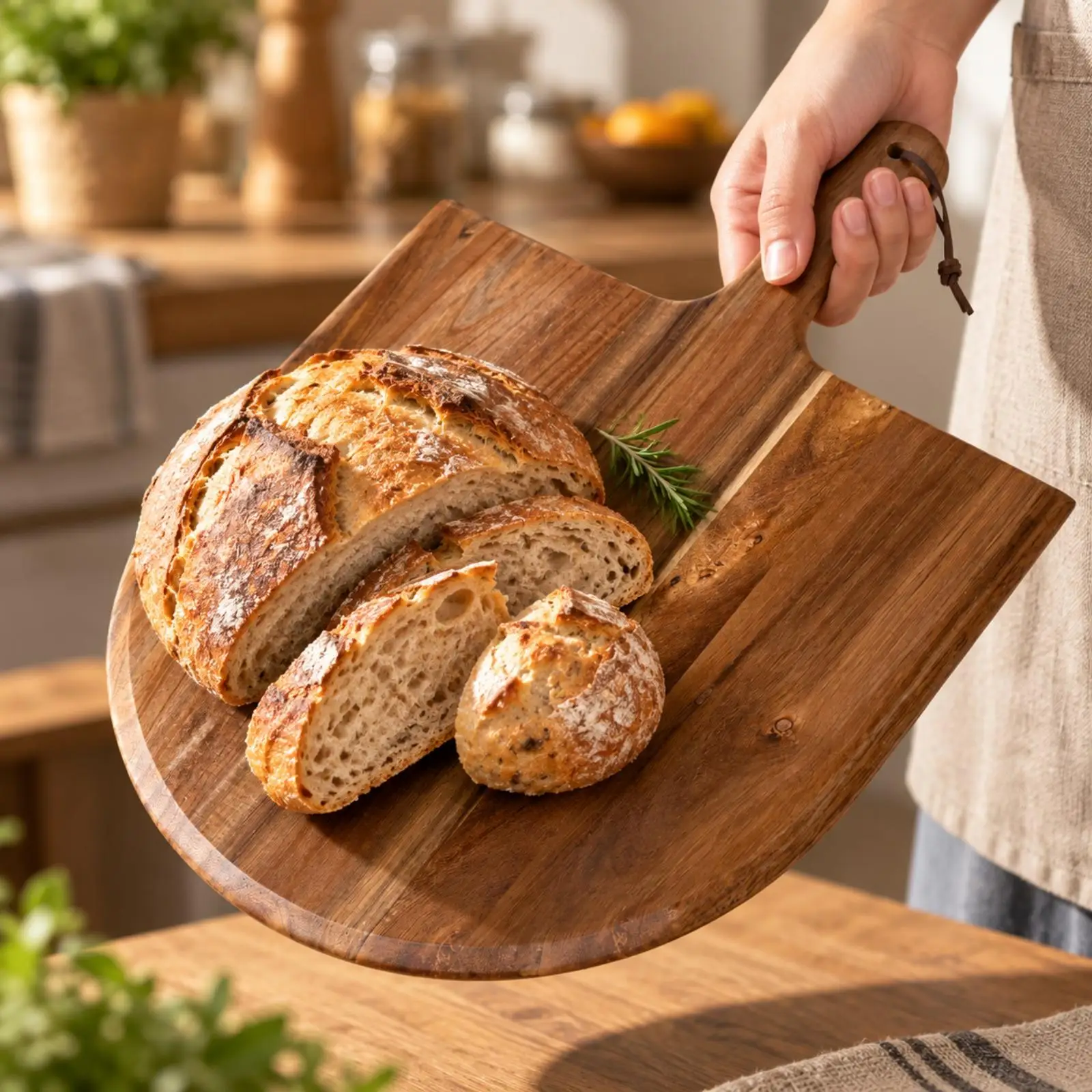 Natural Acacia Wood Serving Board for Bread Cheese and Snacks Irregular Round Tray with Hanging Rope Handle