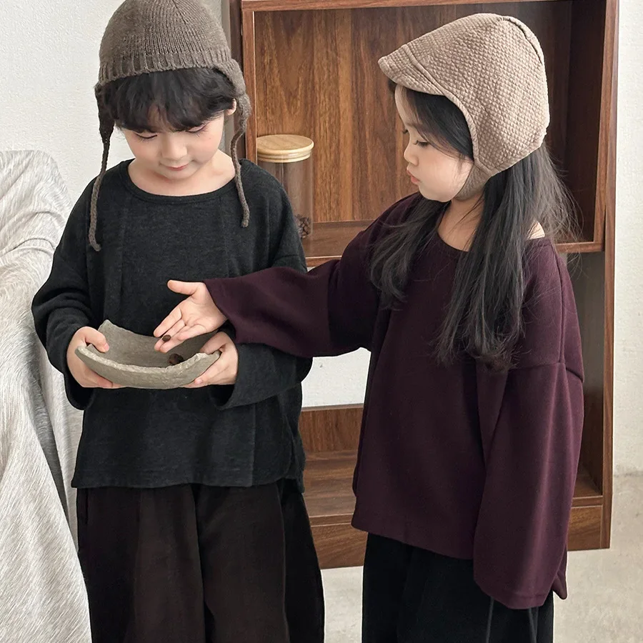 2025 Kids Long Sleeve T-Shirt Soft Autumn Children Baby Solid Color Round Neck Cotton Top for Boys Girls Toddler 1-8 Years Old