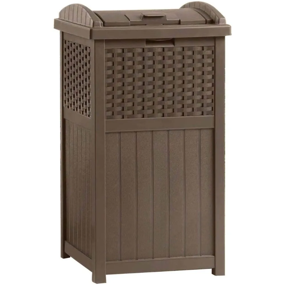 Outdoor commercial 33 gallon resin trash can with lid and manual lifting mechanism, used for garage, brown