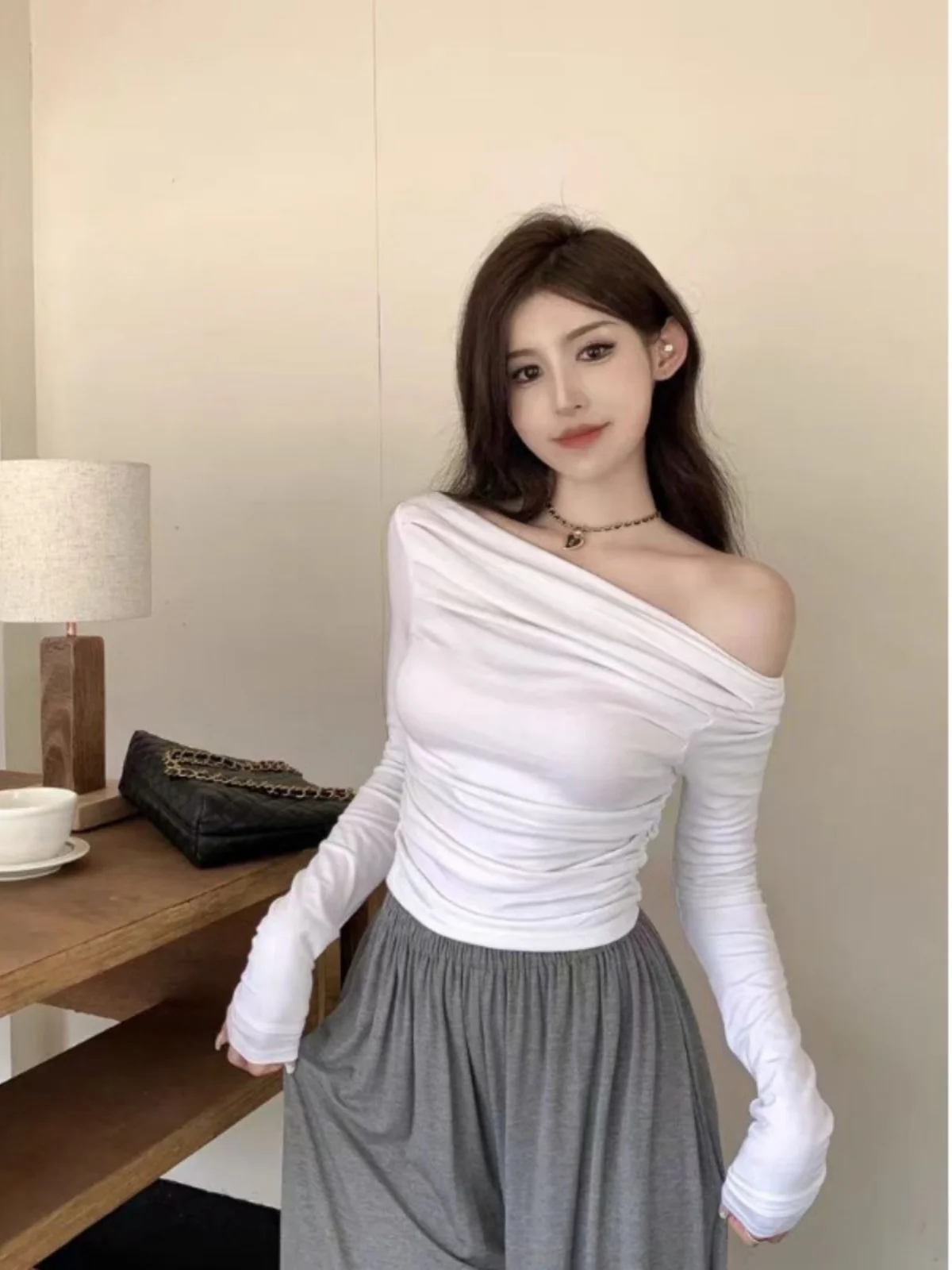 

Sexy Modal Slim Fit ort Sve T-irt oulder Bared One oulder Fold Design Long Sve Commute Sle Cotton Polyester B...