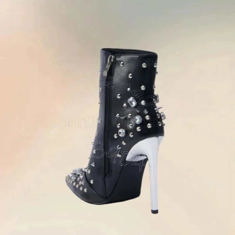 

Crystal Spikes Metal Heel Pointed Toe Ankle Boots Side Zipper Women Shoes Thin High Heels Party Dating 2026 Zapatos Para Mujere