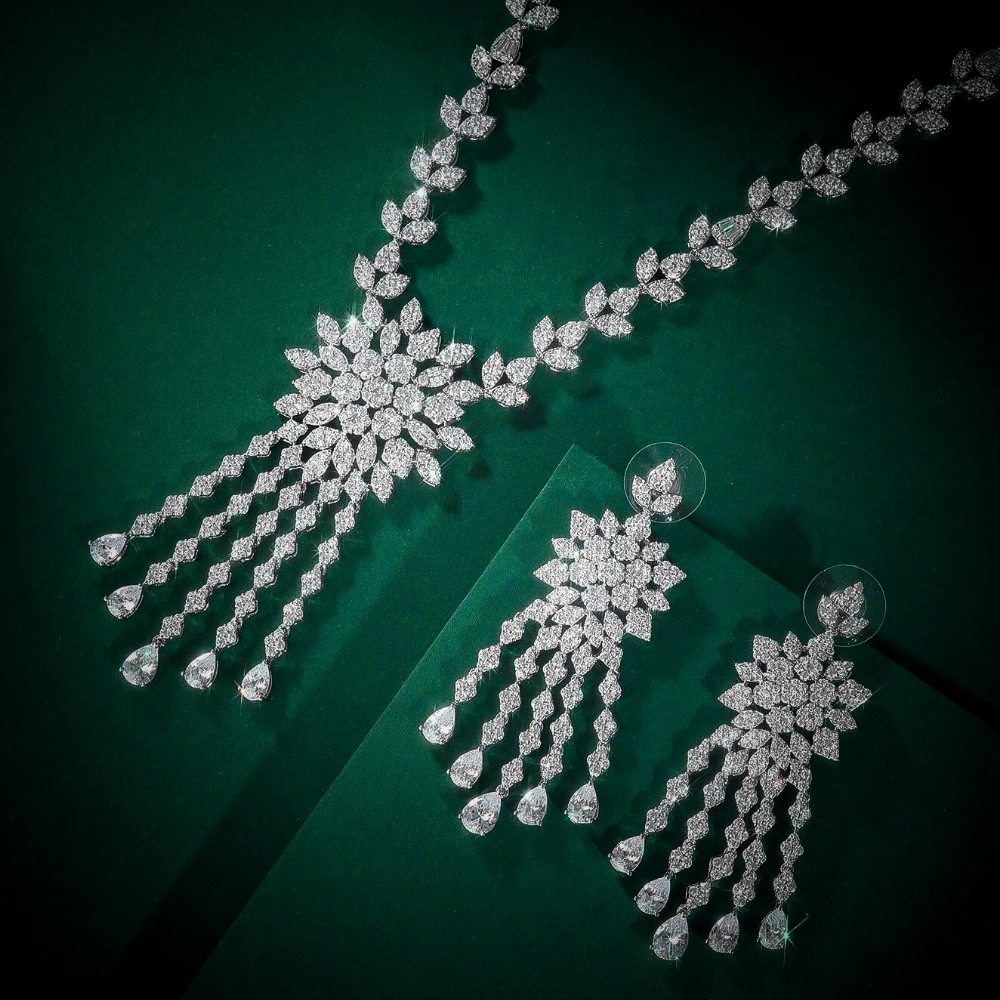 

IN JEWELIFE Elegent Women's Sets for Women Cubic Zirconia Party Tassel Long Necklace Earring Ring Jewelry Set Wedding Bridal