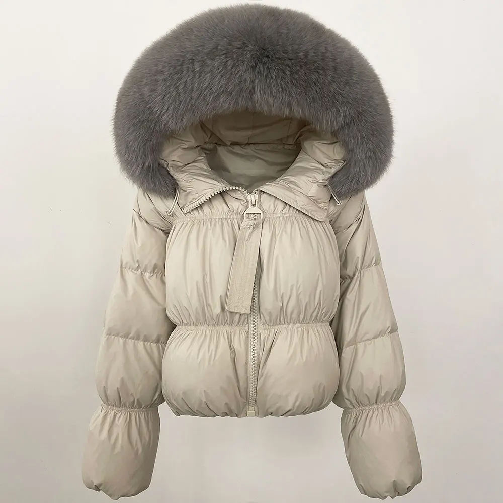 

White Duck Down Coat Hooded Autumn Winter Puffer Jacket Women Natural Raccoon Fur Collar Thickened Warm Belted Real Fur Coat