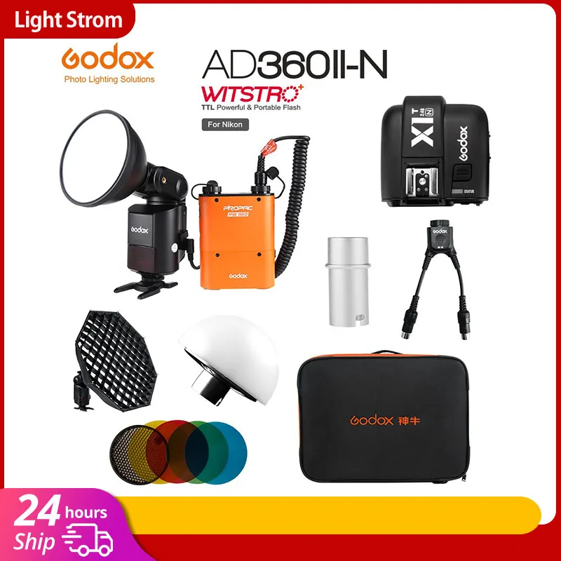 Godox AD360II-N TTL Powerful Speedlite Flash with PB960 Power Pack Orange+ X1T-N TTL Transmitter+ AD-S7 Softbox + Carry Bag Kit