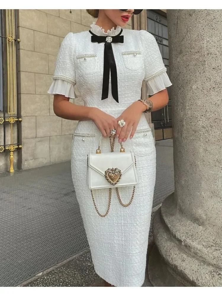 Elegant Dresses Women Fashion 2025 New Slim Short Sleeves Bow Ruffle Hem Beaded Fragrant Breeze White Dress Lady Office Clothes
